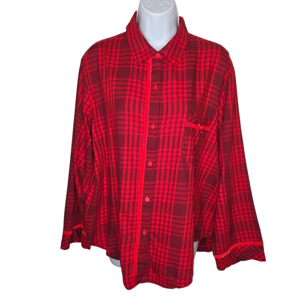 PINK Victoria's Secret Plaid Velvet Trim Pajama Top Button Front Sleepshirt XL
